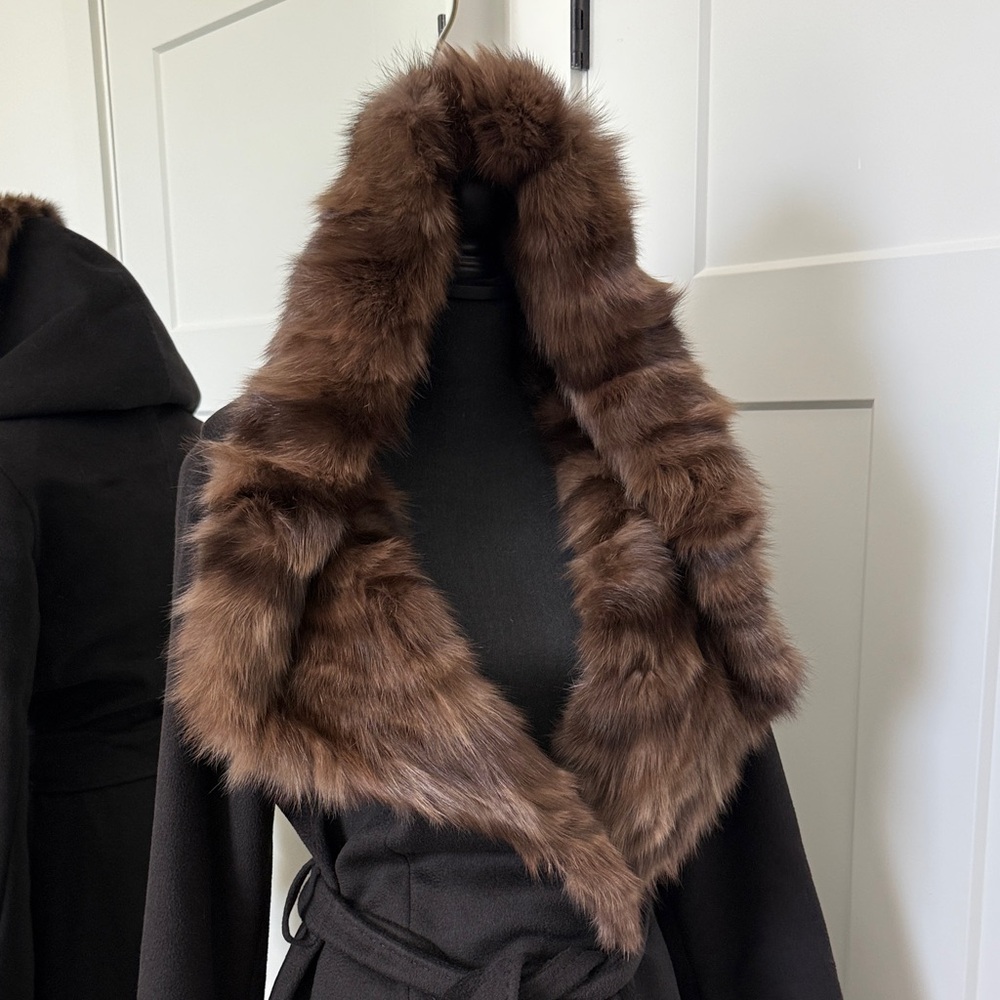 Cinzia Rocca Black Cashmere/Angora Wrap Coat with Brown Sable Fur Collar/Hood - Picture 4 of 10